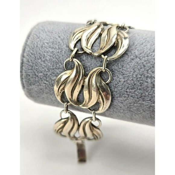 Vintage Bracelet Sterling Silver Wide Wave Tulip Leaves Design 7.5" Wrist LI644 - Picture 2 of 9